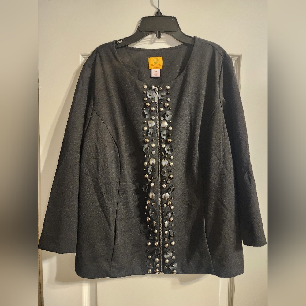 RUBY RD. Women's Black Zip Up Jacket with Beaded Embellishment | Size 18W